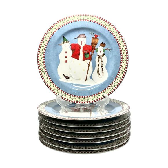 Vintage 8 Ceramic Snowman Winter Christmas Holiday Salad or Dessert Plates 8.25” - Picture 1 of 5